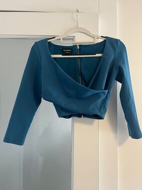 bebe Teal Wrap-Front Long Sleeve Cropped Top